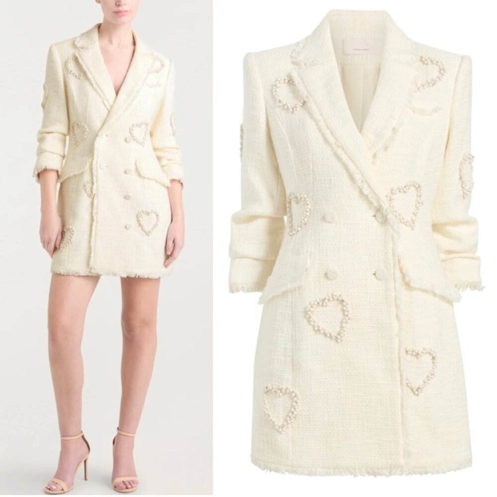 BEST NWT Cinq a Sept 5a7 Beaded Heart Joel Mini Dress - Gardenia Ivory Tweed - Picture 4 of 9